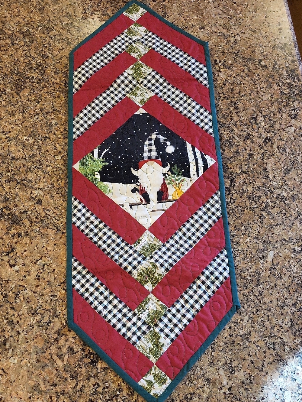 Handmade Red & Black Holiday Reversible Table Runner with Gnome Design